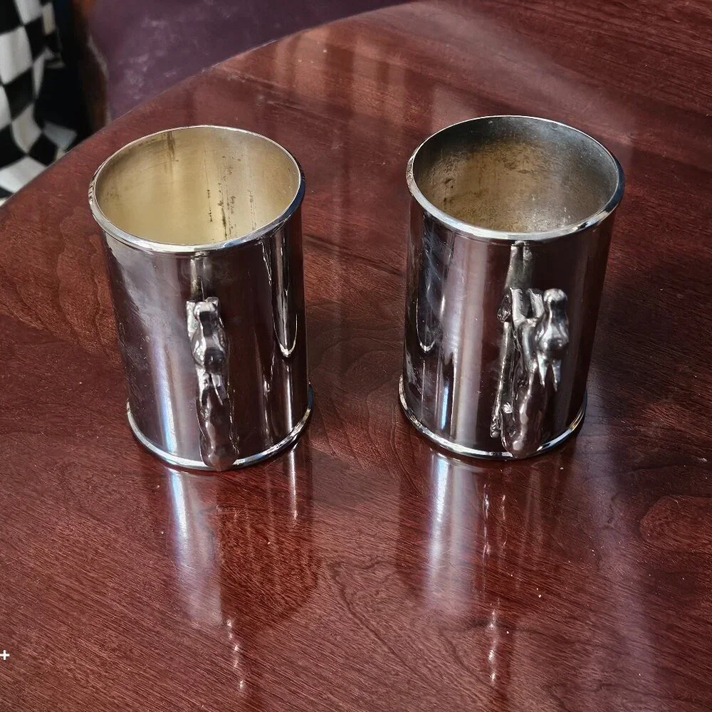 2 LUXURY VINTAGE RARE ESTATE GUCCI TANKARD SILVER PLATE DEER BEER STEIN CUP MUG